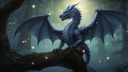 A majestic dragon with shimmering silver scales perched on an ancient tree in a dense, moonlit forest, surrounded by glowing fireflies and a soft mist, exuding an aura of mystery.