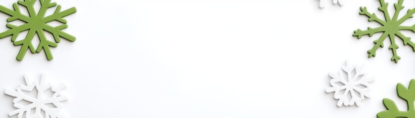 Fototapeta premium A minimalistic winter-themed background featuring white and green snowflakes against a light backdrop.