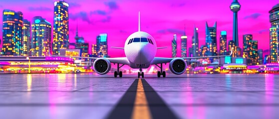 Obraz premium Airplane on Runway Night Cityscape Travel Transportation