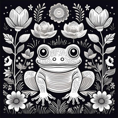 retro black and white cute frog illustration