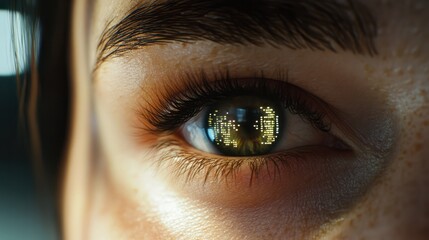 Cybernetic Vision: Close-up of a woman's eye with futuristic digital data overlay, showcasing technological advancement and artificial intelligence. A mesmerizing blend of human and machine.