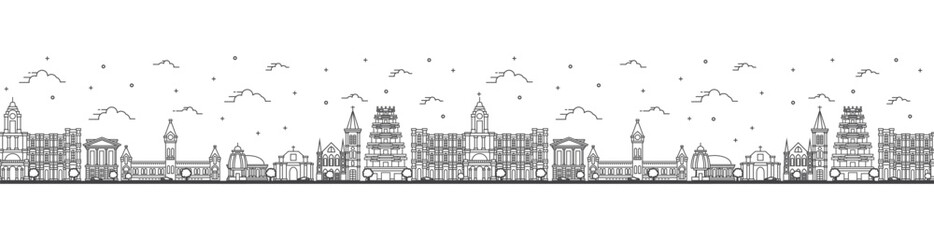 Seamless pattern with outline Chennai India City Skyline with Historic Buildings Isolated on White. Chennai Cityscape with Landmarks. © BooblGum