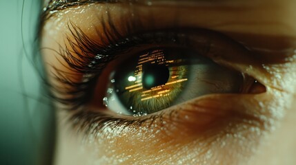 Cybernetic Vision: Close-up of a woman's eye with futuristic digital data overlay, showcasing technological advancement and artificial intelligence. A mesmerizing blend of human and machine.