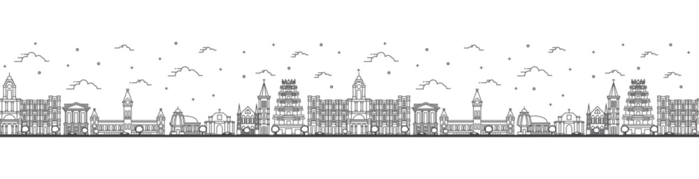 Seamless pattern with outline Chennai India City Skyline with Historic Buildings Isolated on White. Chennai Cityscape with Landmarks.