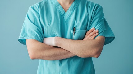 A healthcare professional in scrubs with crossed arms poses confidently against a blue background