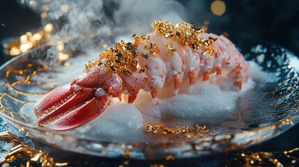lobster tail with gold flakes and champagne foam, placed artfully on a modern glass plate