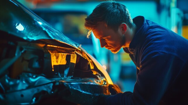 A dedicated mechanic works meticulously under the hood of a car. He examines details closely in a well-lit garage. The focus is on precision and skill. Generative AI