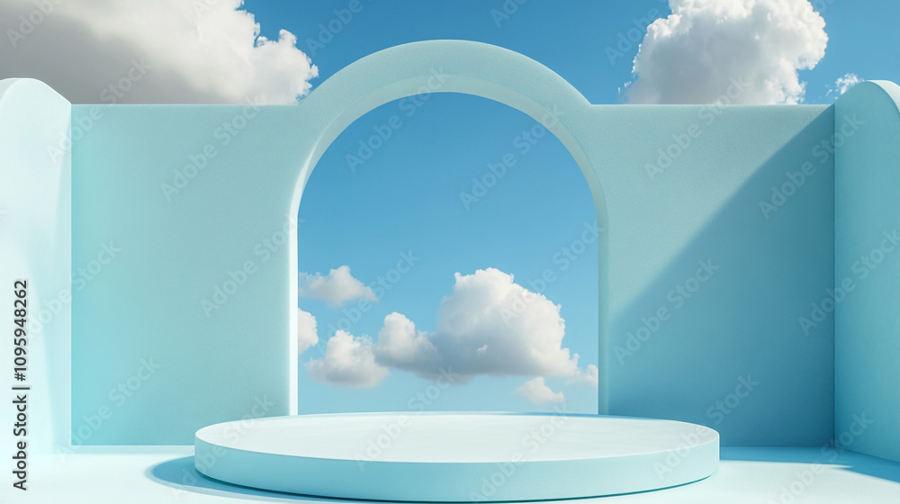 Poster minimalist blue archway with clouds in the background. a serene minimalist architectural scene featu