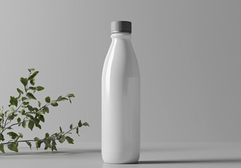 Minimalist White Bottle Mockup with Natural Greenery Accent for Branding.