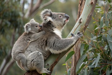 Mother koala with baby on her back