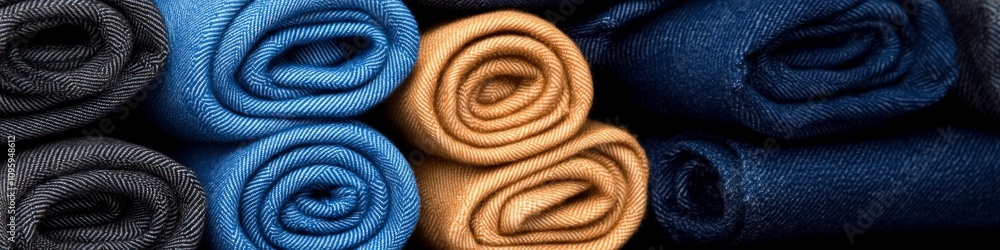 Poster Rolled fabrics in various colors are neatly arranged on display in a fabric store showcasing textile variety