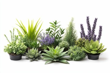 Assortment of potted succulents and herbs.