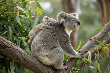 Mother koala with baby on her back