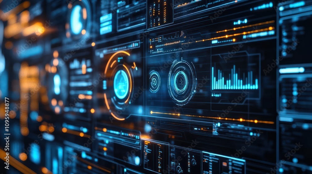 Poster digital command center featuring ai powered data analysis with futuristic interfaces and glowing ele