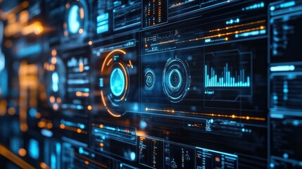 digital command center featuring AI powered data analysis with futuristic interfaces and glowing elements, showcasing advanced technology and innovation