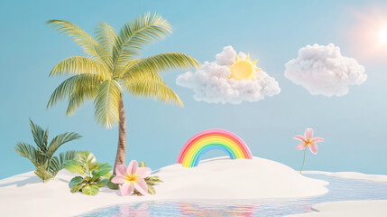 Tropical Paradise with Rainbow and Sunlight. A serene beach scene featuring palm trees, clouds, and a vibrant rainbow, evoking relaxation and summer vibes.