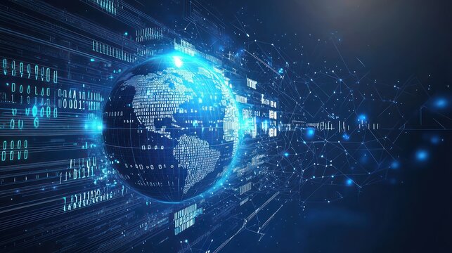 Tech geometric background with globe and binary code design