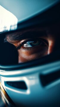 Close-up of a race car driver wearing a helmet, vertical footage