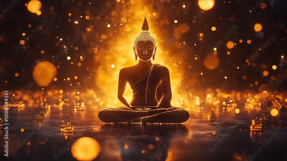 Aufkleber serene buddha statue in lotus position, surrounded by glowing lights and bokeh effects, creating a p