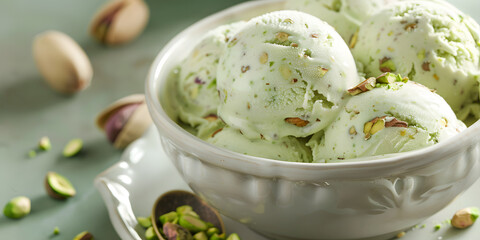 Close-up of pistachio ice cream in a bowl with pistachio flecks and whole nuts garnish