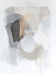 Abstract painting in shades of gray, beige, and gold with a white background.