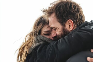 A man comforting a crying woman in an embrace.