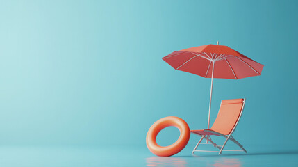 Minimalist summer scene showcasing a cozy chair and umbrella combo. Ideal for vacation promotions and travel inspiration