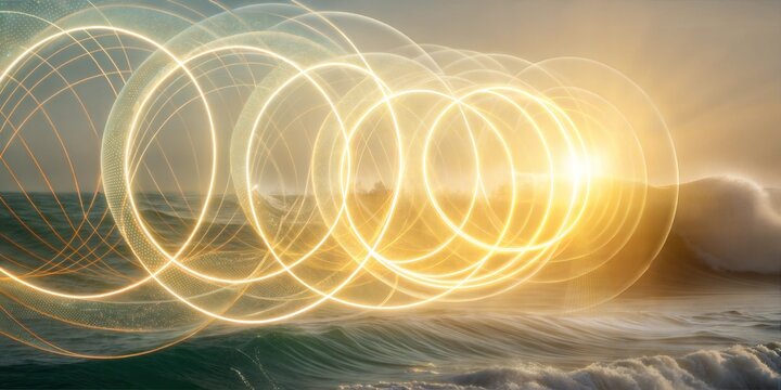 Dynamic theta healing energy background featuring swirling light circles over ocean waves at sunset
