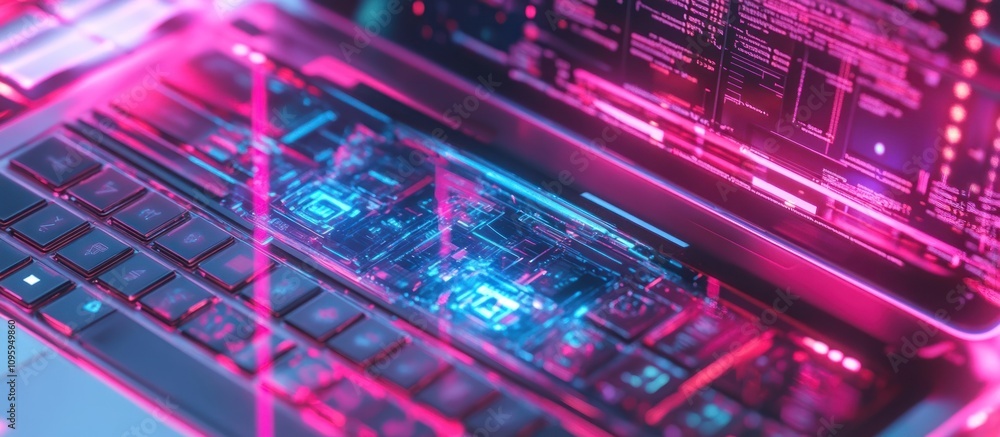 Poster futuristic laptop with glowing circuit board and code visible.
