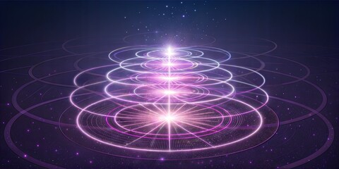 Radiant theta healing energy background with concentric circles and luminous central light in purple hues

