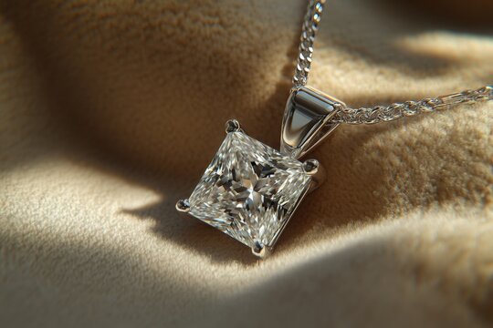 A solitaire princess-cut diamond pendant isolated, its brilliance and clarity emphasized against a soft velvet background. The sparkling gemstone&rsquo;s clarity and intricate facets shine in the light