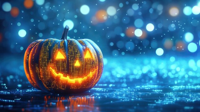 Digital Halloween Pumpkin With Binary Code on a Blue Festive Bokeh Background. Festive Illustration.