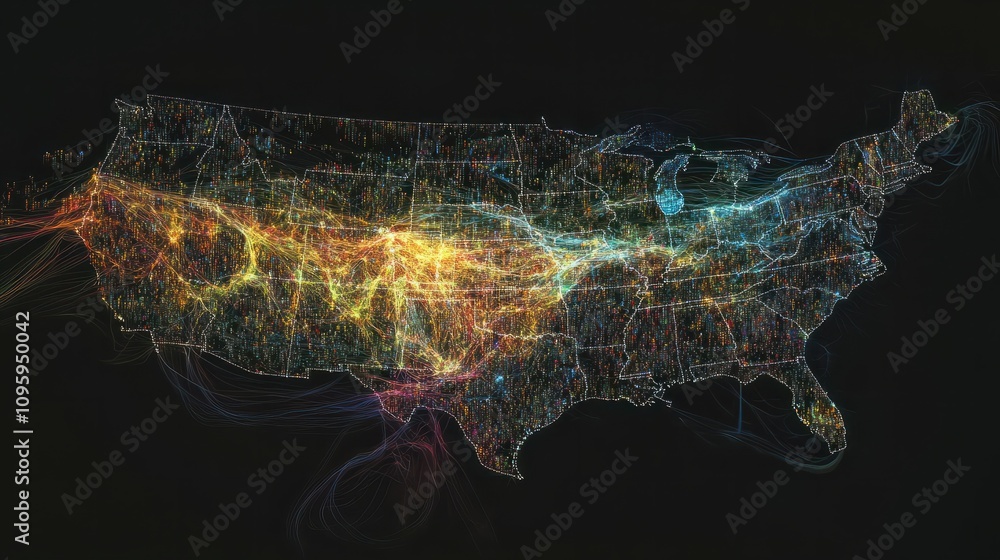 Poster digital map of the united states with data points and graphs overlay, representing global digital ec