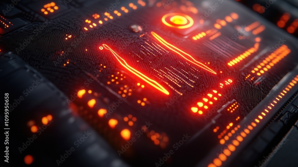 Poster futuristic interface with glowing orange lines and buttons on a dark textured surface.