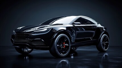 Sleek black luxury SUV on dark reflective surface.