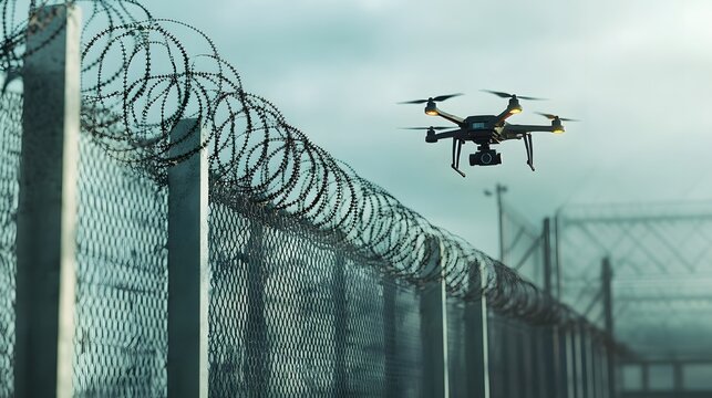 Drone flying over prison perimeter fence with barbed wire