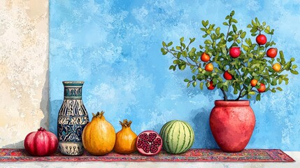 Winter solstice celebration, pomegranates and watermelons, watercolor A photostock image of colorful Persian rugs and cushions set up for Yalda Night celebrations