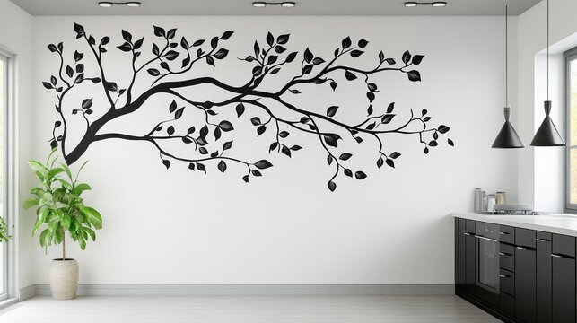 Silhouette of a tree branch with leaves on a white wall in a modern kitchen.