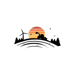 yellow sun and windmills vector silhouette logo. field and wind turbines with tractor vector silhouette sketch