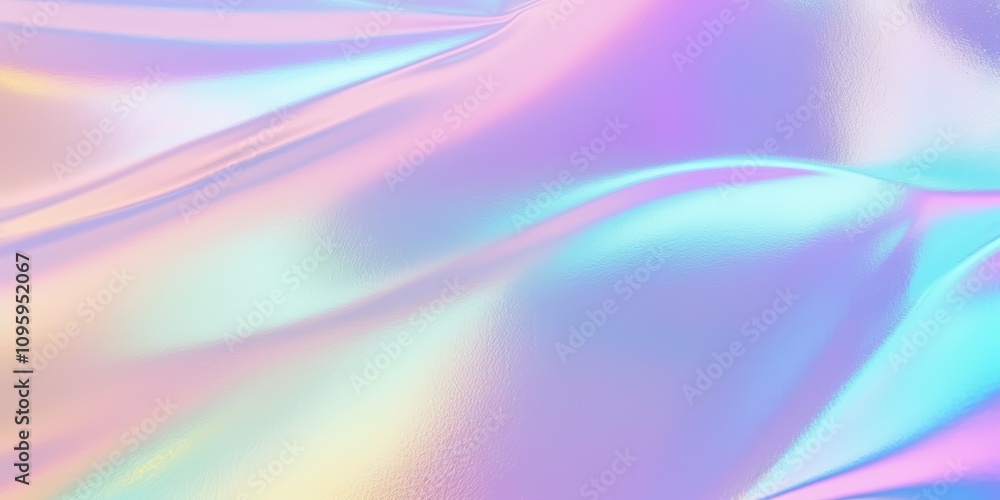 Poster holographic rainbow foil fabric with iridescent texture and soft waves for creative background and a