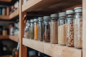 Colorful shelves filled with glass jars organizing a variety of spices and grains, showcasing a stylish and modern kitchen pantry