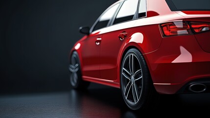 Fototapeta premium Sleek red car's rear view, showcasing its design and polished finish against a dark background.