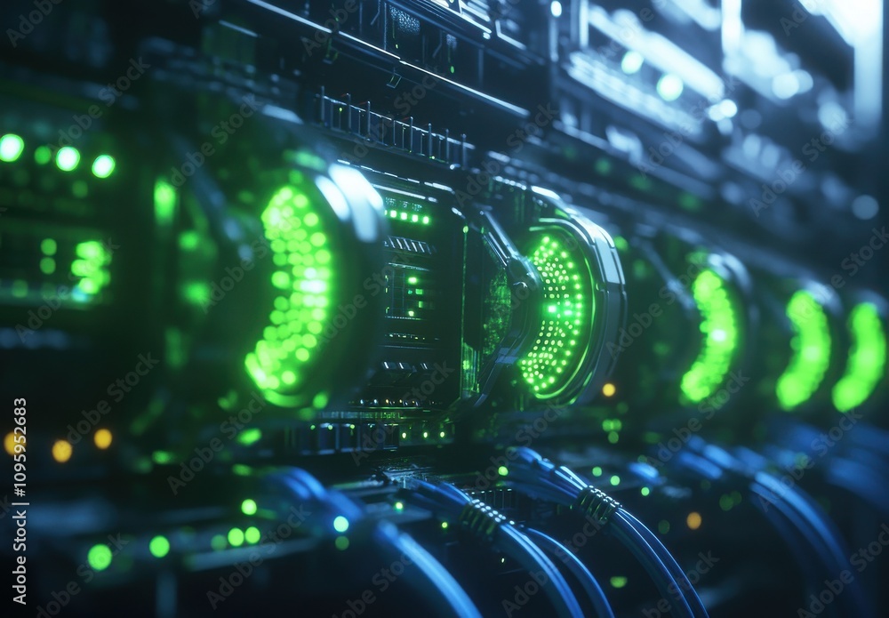 Aufkleber close-up of server racks with glowing green lights and network cables displaying advanced technology