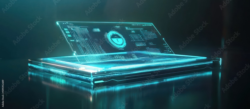 Poster futuristic transparent laptop displaying security data.