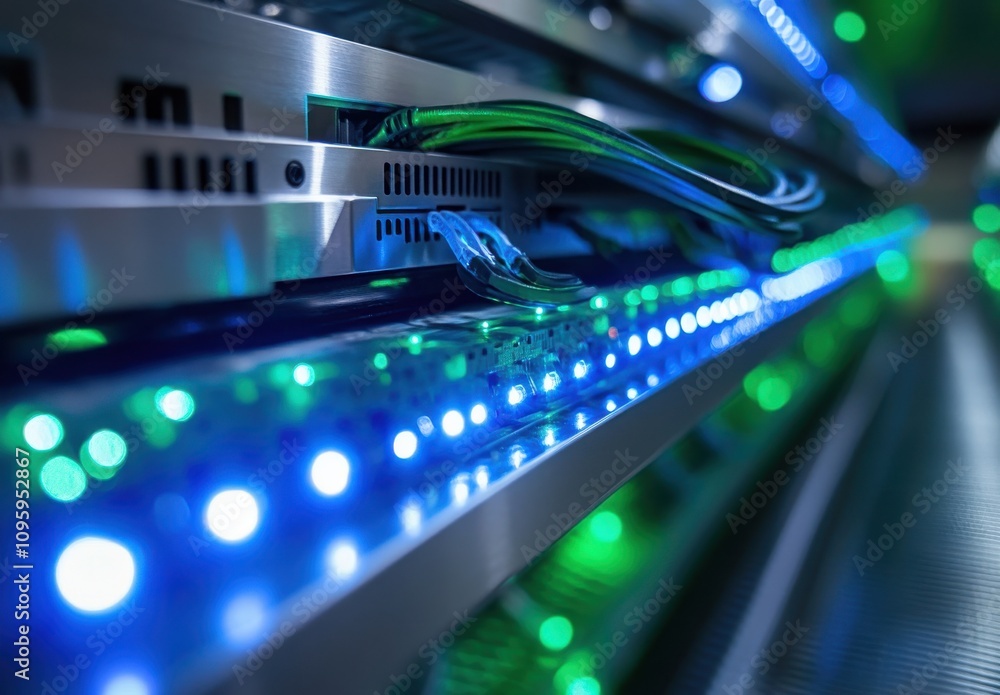 Poster close-up view of colorful led lights illuminating network cables inside a data center rack, showcasi