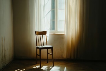 Fototapeta premium Sunlit wooden chair near window, old room.