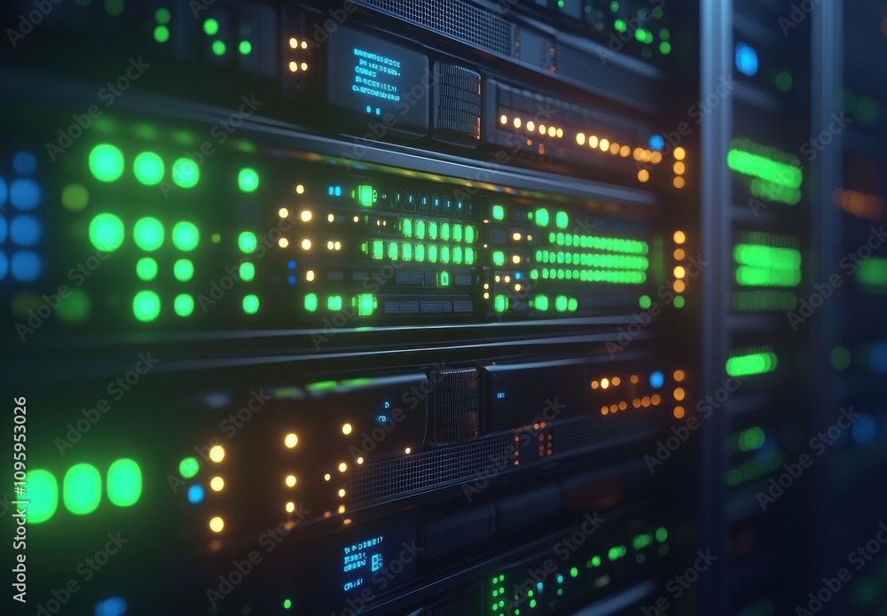 Poster close-up view of modern server rack with illuminated led indicators and network activity in a data c