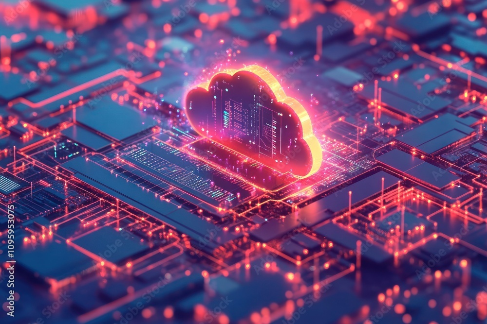 Poster glowing cloud computing symbol on a circuit board. (1)