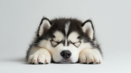 Fototapeta premium Alaskan malamute puppy sleeping peacefully indoor setting pet photography calm atmosphere close-up serenity