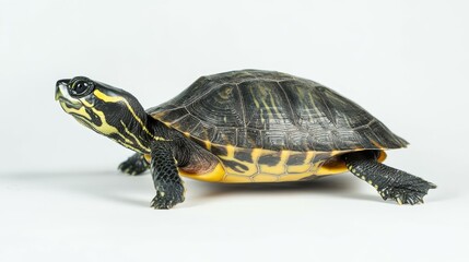 Fototapeta premium Turtle progressing forward on white background nature scene animal behavior close-up view concept of persistence